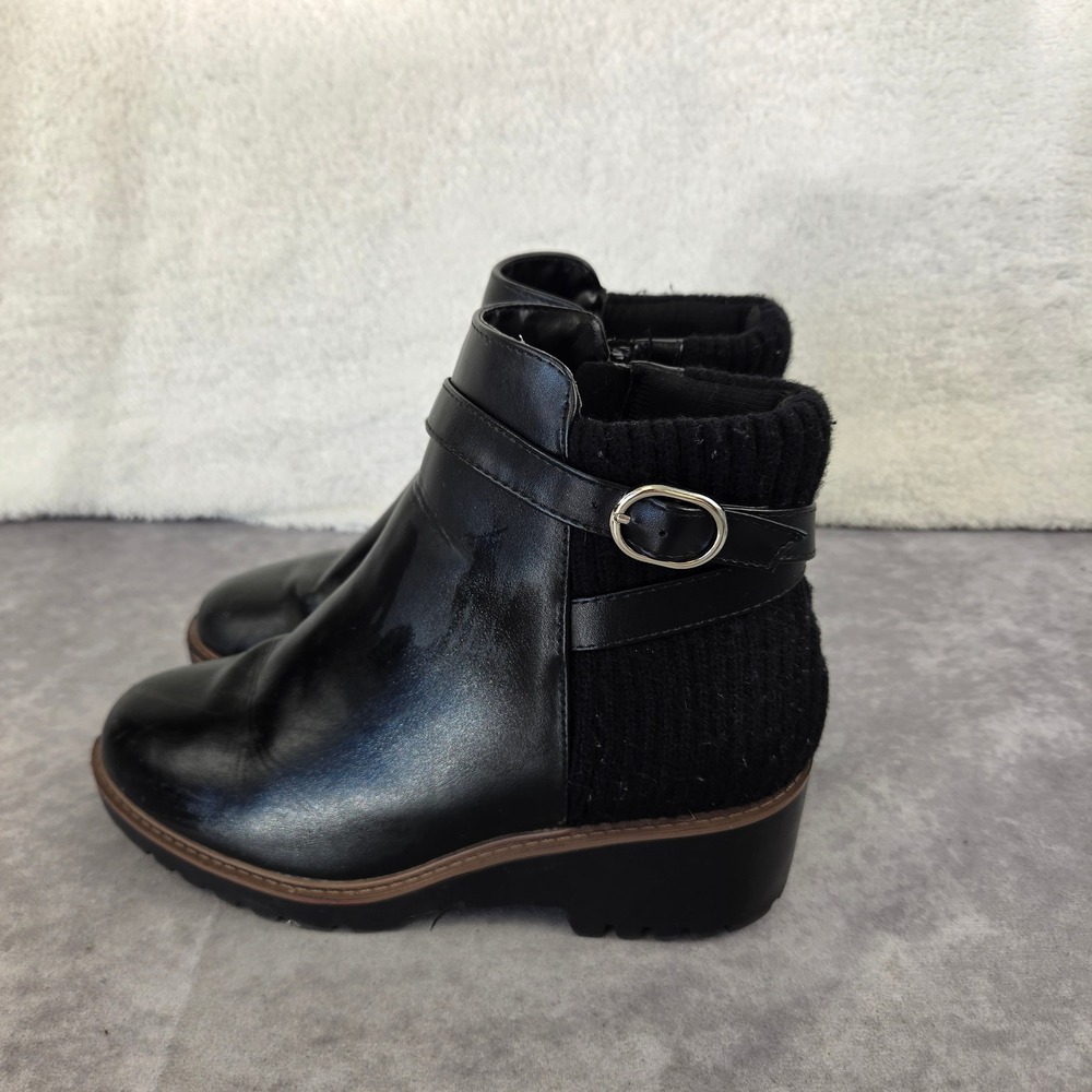 Aeson-S Black Faux Leather Cable Knit Ankle Boots Lug Sole Buckle Womens 8.5M